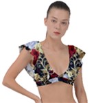 Roses Seamless Pattern Floral Plunge Frill Sleeve Bikini Top