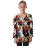 Roses Seamless Pattern Floral Kids  V Neck Casual Top