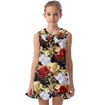 Roses Seamless Pattern Floral Kids  Pilgrim Collar Ruffle Hem Dress