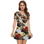 Roses Seamless Pattern Floral V-Neck High Waist Chiffon Mini Dress