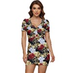 Roses Seamless Pattern Floral Low Cut Cap Sleeve Mini Dress