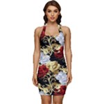 Roses Seamless Pattern Floral Sleeveless Wide Square Neckline Ruched Bodycon Dress