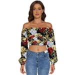 Roses Seamless Pattern Floral Long Sleeve Crinkled Weave Crop Top