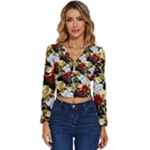 Roses Seamless Pattern Floral Long Sleeve V-Neck Top