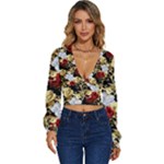 Roses Seamless Pattern Floral Long Sleeve Deep-V Velour Top