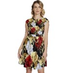 Roses Seamless Pattern Floral Cap Sleeve High Waist Dress