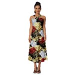 Roses Seamless Pattern Floral Sleeveless Cross Front Cocktail Midi Chiffon Dress