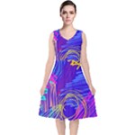 Seamless Vintage Pattern Retro 80s Or 90s Style Abstract V-Neck Midi Sleeveless Dress 