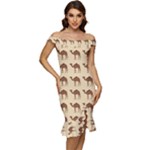 Camel Pattern Design Clothing Off Shoulder Ruffle Split Hem Bodycon Dress