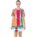 Digital Graphic Clip Art Beach Sixties Short Sleeve Mini Dress