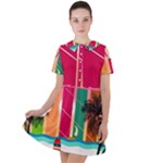 Digital Graphic Clip Art Beach Short Sleeve Shoulder Cut Out Dress 