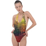 Forest Woods Autumn Nature Backless Halter One Piece Swimsuit