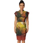 Forest Woods Autumn Nature Vintage Frill Sleeve V-Neck Bodycon Dress