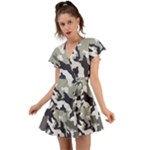 Camo Army Black White Flutter Sleeve Wrap Dress