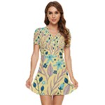 Plants Art Motif Flowers V-Neck High Waist Chiffon Mini Dress