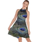 Peacock Feathers Details Sleeveless Halter Neck A-Line Dress