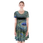 Peacock Feathers Details Short Sleeve V-neck Flare Dress