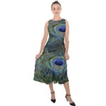 Peacock Feathers Details Midi Tie-Back Chiffon Dress