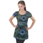 Peacock Feathers Details Puff Sleeve Tunic Top