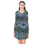 Peacock Feathers Details Long Sleeve V-neck Flare Dress