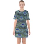 Peacock Feathers Details Sixties Short Sleeve Mini Dress