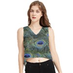 Peacock Feathers Details V-Neck Cropped Tank Top