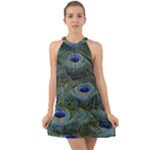 Peacock Feathers Details Halter Tie Back Chiffon Dress