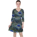 Peacock Feathers Details Quarter Sleeve Ruffle Waist Dress