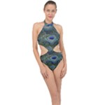 Peacock Feathers Details Halter Side Cut Swimsuit