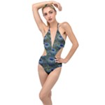 Peacock Feathers Details Plunging Cut Out Swimsuit