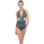 Peacock Feathers Details Halter Front Plunge Swimsuit