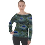 Peacock Feathers Details Off Shoulder Long Sleeve Velour Top