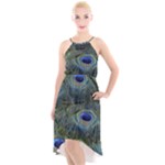 Peacock Feathers Details High-Low Halter Chiffon Dress 