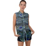 Peacock Feathers Details Sleeveless Chiffon Button Shirt