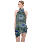 Peacock Feathers Details Halter Asymmetric Satin Top