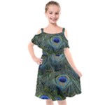 Peacock Feathers Details Kids  Cut Out Shoulders Chiffon Dress