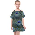 Peacock Feathers Details Kids  One Piece Chiffon Dress