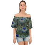 Peacock Feathers Details Off Shoulder Short Sleeve Top