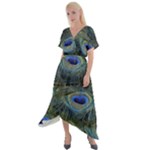 Peacock Feathers Details Cross Front Sharkbite Hem Maxi Dress