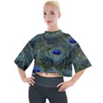 Peacock Feathers Details Mock Neck T-Shirt