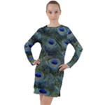 Peacock Feathers Details Long Sleeve Hoodie Dress