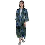 Peacock Feathers Details Maxi Satin Kimono