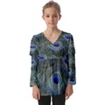 Peacock Feathers Details Kids  V Neck Casual Top