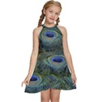 Peacock Feathers Details Kids  Halter Collar Waist Tie Chiffon Dress