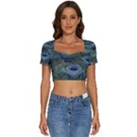 Peacock Feathers Details Short Sleeve Square Neckline Crop Top 