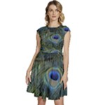 Peacock Feathers Details Cap Sleeve High Waist Dress