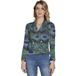 Peacock Feathers Details Women s Long Sleeve Revers Collar Cropped Jacket