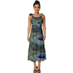 Peacock Feathers Details Tie-Strap Tiered Midi Chiffon Dress