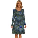 Peacock Feathers Details Long Sleeve Dress With Pocket