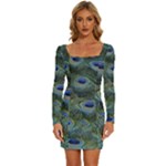 Peacock Feathers Details Long Sleeve Square Neck Bodycon Velvet Dress